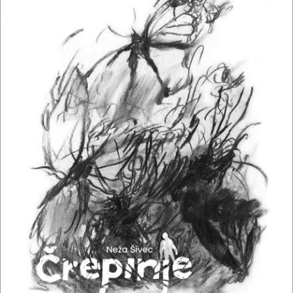 Naslovna slika stripa Črepinje; z ogljem izrisana podoba silhuete med rastjem, iz nje leti ogromen metulj