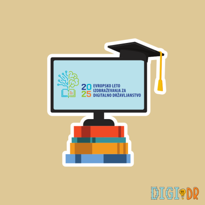 Skica računalniškega ekrana na vrhu knjig. Na zaslonu je prikazan logotip evropskega leta izobraževanja za digitalno državljanstvo.