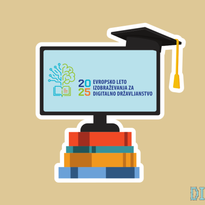 Skica računalniškega ekrana na vrhu knjig. Na zaslonu je prikazan logotip evropskega leta izobraževanja za digitalno državljanstvo.