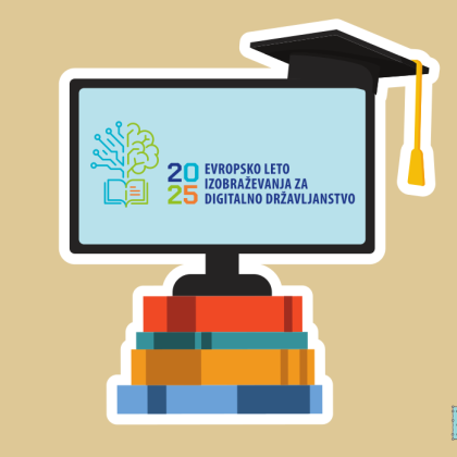 Skica računalniškega ekrana na vrhu knjig. Na zaslonu je prikazan logotip evropskega leta izobraževanja za digitalno državljanstvo.