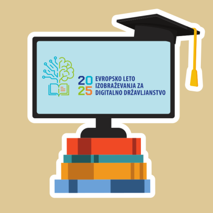 Skica računalniškega ekrana na vrhu knjig. Na zaslonu je prikazan logotip evropskega leta izobraževanja za digitalno državljanstvo.