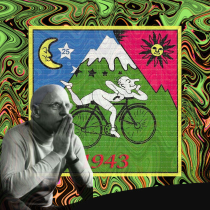 Slika razmišljujočega Foucaulta na psihedelični podlagi. V ozadju vidimo tudi LSD tab, kjer je upodobljen Hofmann na kolesu