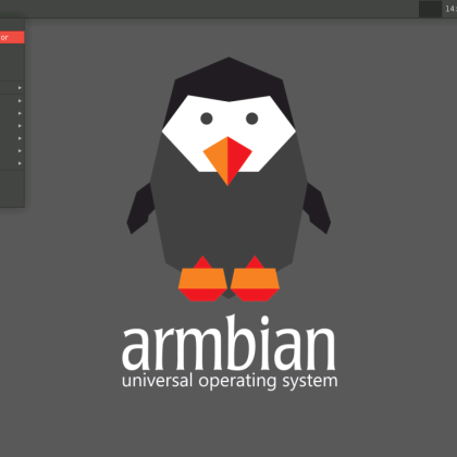 Zaslonska slika armbian sistema (stiliziran pingvin v ozadju)
