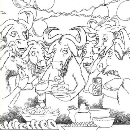 Ilustracija praznovanja GNU-jev s torto, prigrizki in pijačo