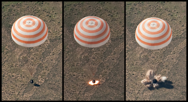 Soyuz retro rockets firing during landing