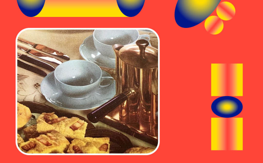 Naslovna podoba oddaje z retro podobo skodelic, đezve in peciva