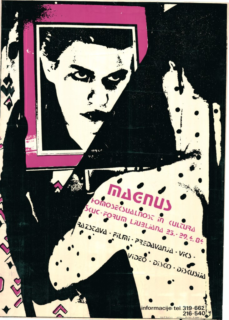 Promocijski plakat za festival Magnus: homoseksualnost in kultura, Škuc forum. April 1984, Ljubljana.