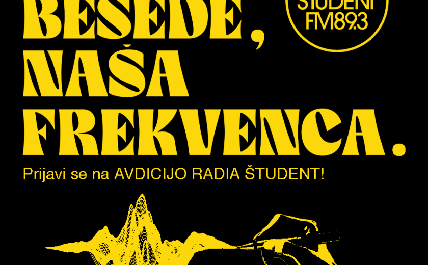 Naslovna slika za redakcijsko avdicijsko kampanjo 2024 s tekstom "Tvoje besede, naša frekvenca. Prijavi se na AVDICIJO RADIA ŠTUDENT!", logotipom RŠ in sličico roke, ki riše valovanje zvoka.