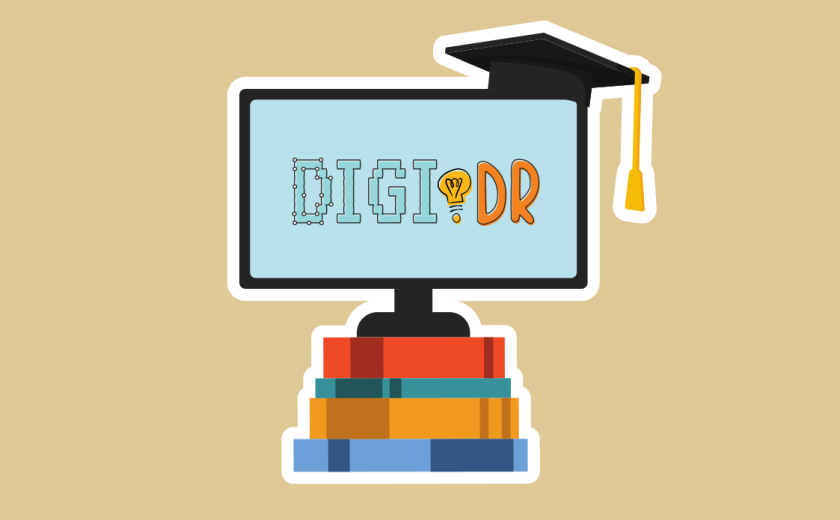 Skica računalniškega ekrana na vrhu knjig. Na zaslonu je prikazan logotip projekta DIGI.DR.