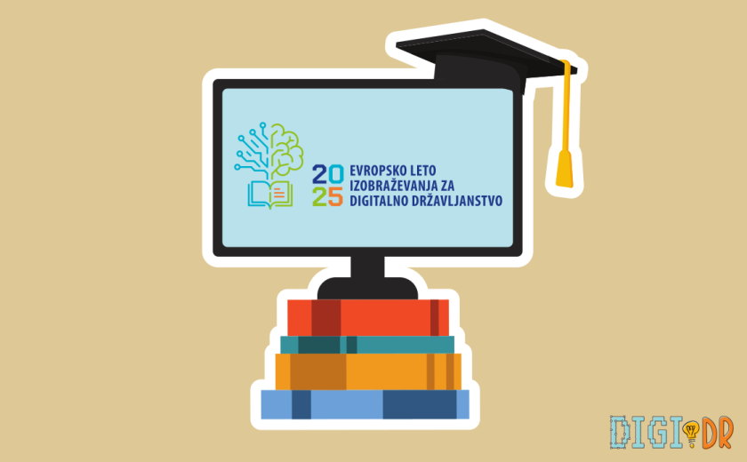 Skica računalniškega ekrana na vrhu knjig. Na zaslonu je prikazan logotip evropskega leta izobraževanja za digitalno državljanstvo.