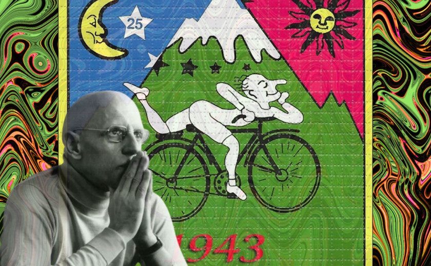 Slika razmišljujočega Foucaulta na psihedelični podlagi. V ozadju vidimo tudi LSD tab, kjer je upodobljen Hofmann na kolesu