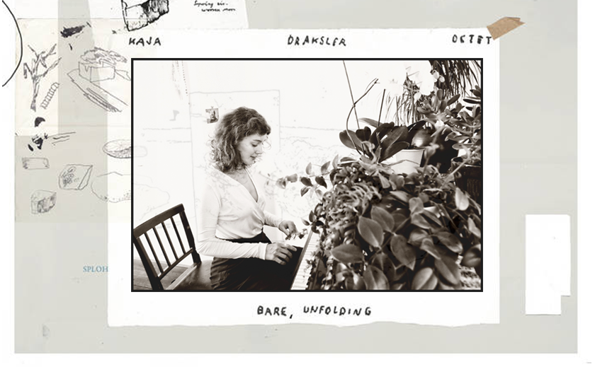 Naslovnica albuma Bare, Unfolding s fotografijo skladateljice Kaje Draksler ob klavirju