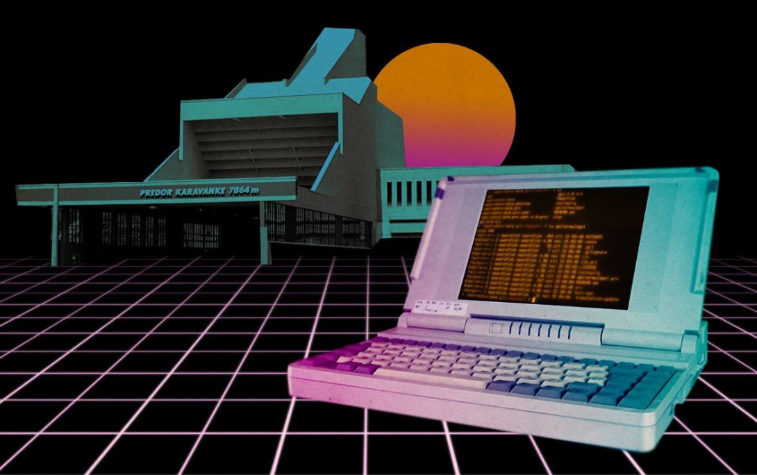 Old school leptop na vaporwave ozadju